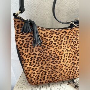 Talbots faux leopard fur and leather shoulder bag